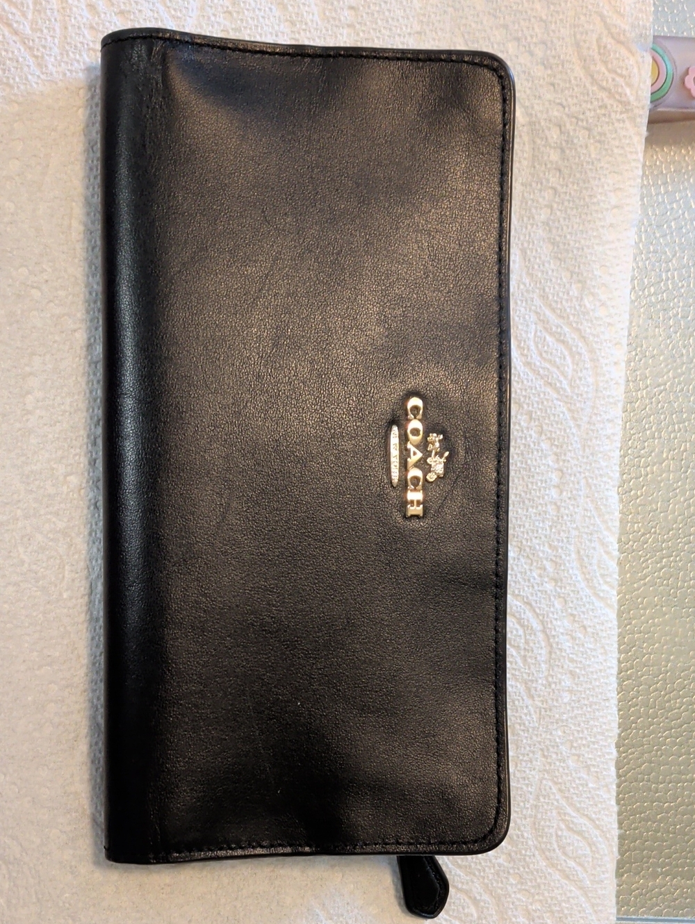 Coach Black Leather Long Zip Wallet with Gold Logo Authentic